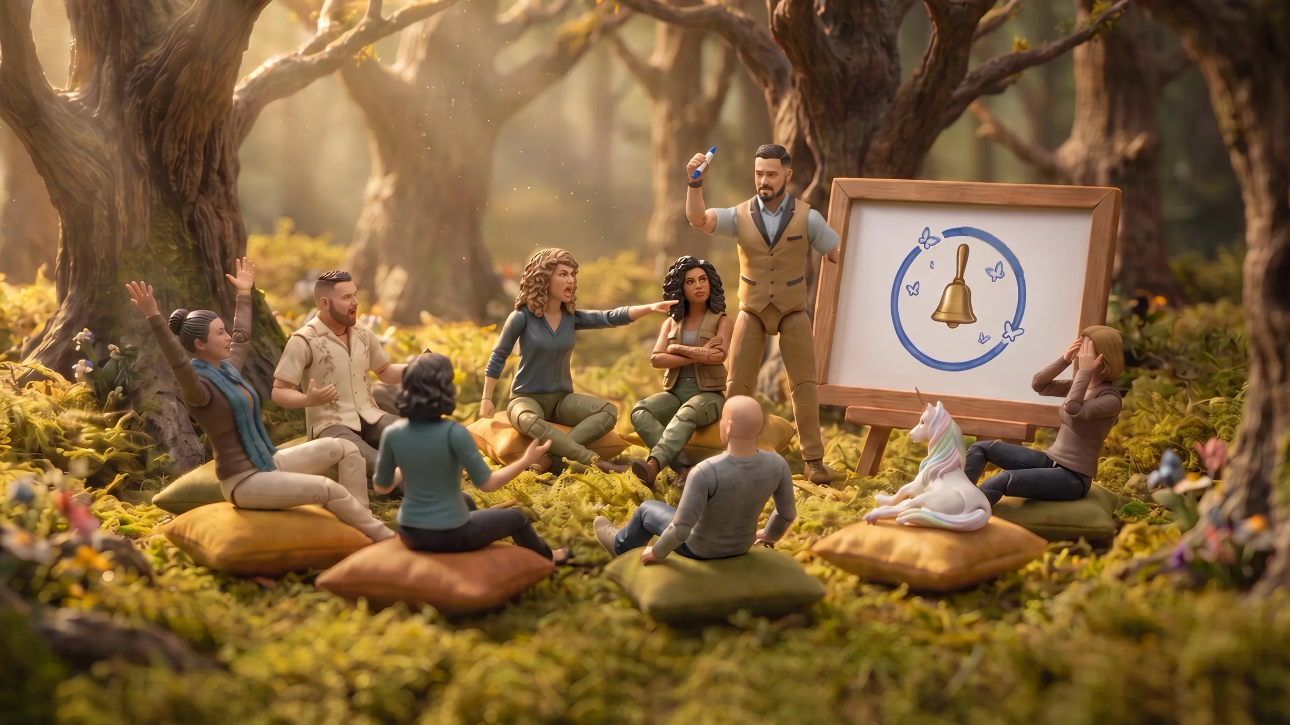 Nine WhimsyLab figures lounging on cushions in a golden forest, arguing over a whiteboard